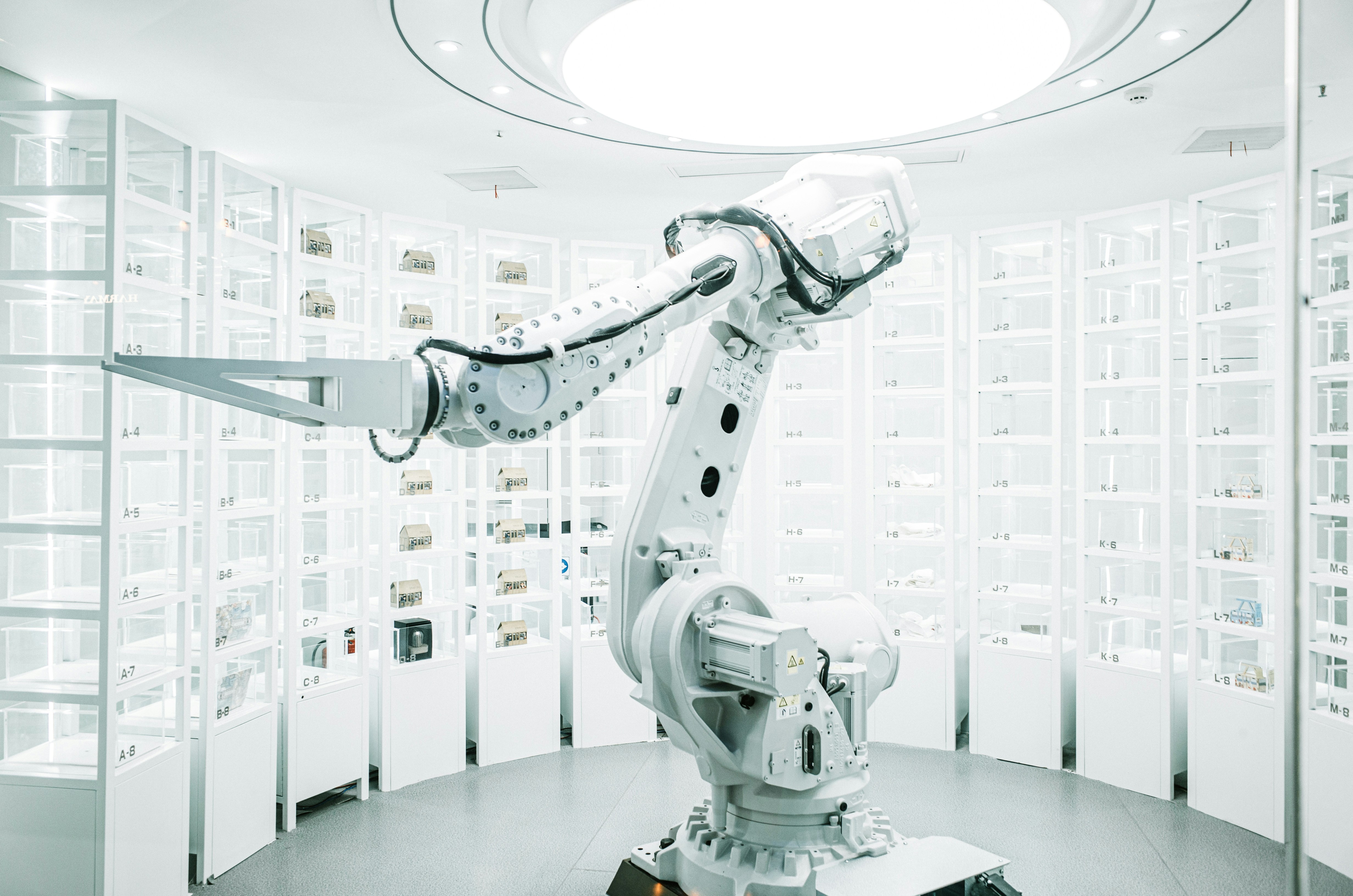 Industrial robot arm in a white showroom